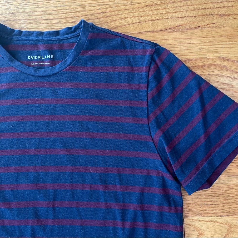 Everlane Men's Short Sleeve Navy and Burgundy Striped Tee